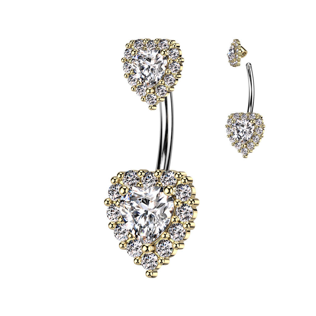 316L Surgical Steel Double Heart CZ Belly Button Ring With CZ Pave Around The Hearts