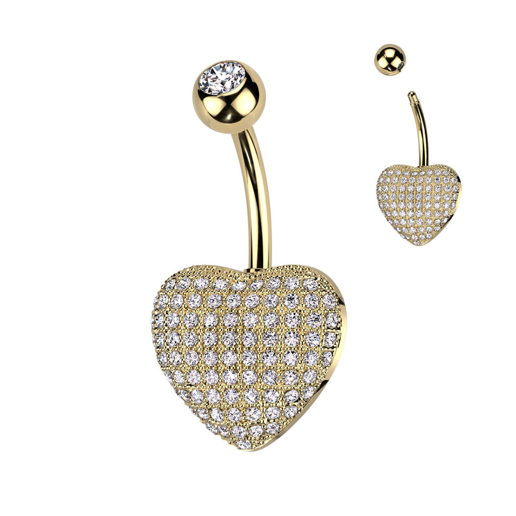 316L Surgical Steel 3D Heart Belly Ring With Pave CZ