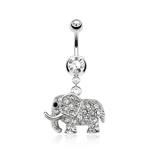 316L Surgical Steel Elephant Multi Paved CZ Dangle Belly Button Ring