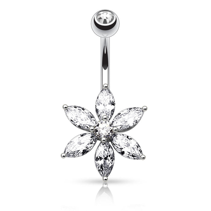 316L Surgical Steel 6 Marquise Cut CZ Petal Flower Belly Button Ring
