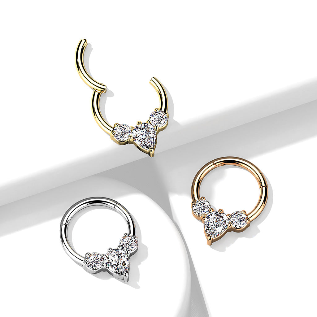 High Quality Precision All 316L Surgical Steel Hinged Segment With Pear CZ Between 2 Round CZ