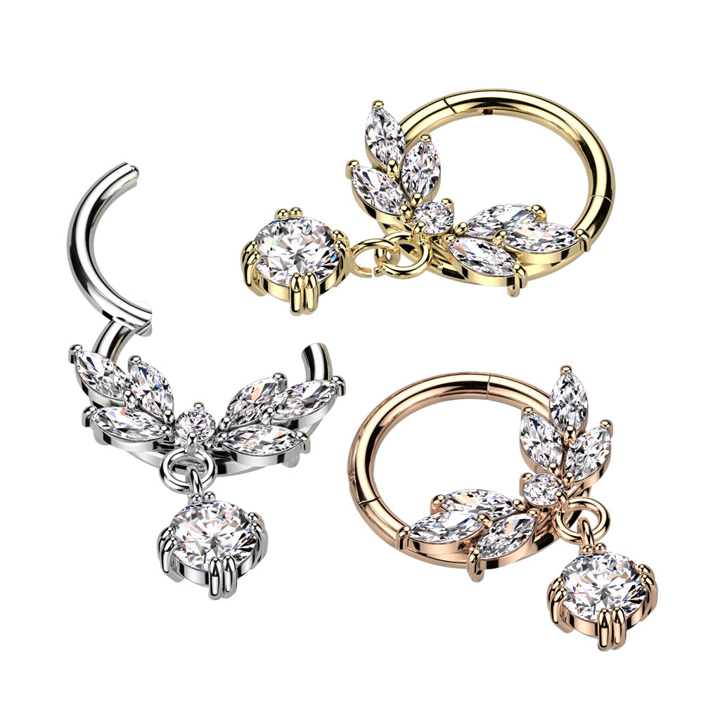 High Quality Precision 316L Surgical Steel Hinged Segment Ring With CZ Vine And CZ Dangle