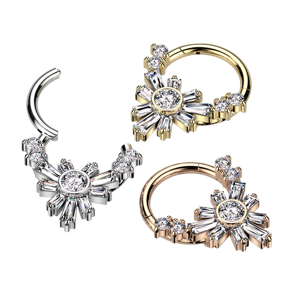 High Quality Precision 316L Surgical Steel Hinged Segment Ring With Baguette CZ Flower And 2 Round CZ On Each Side