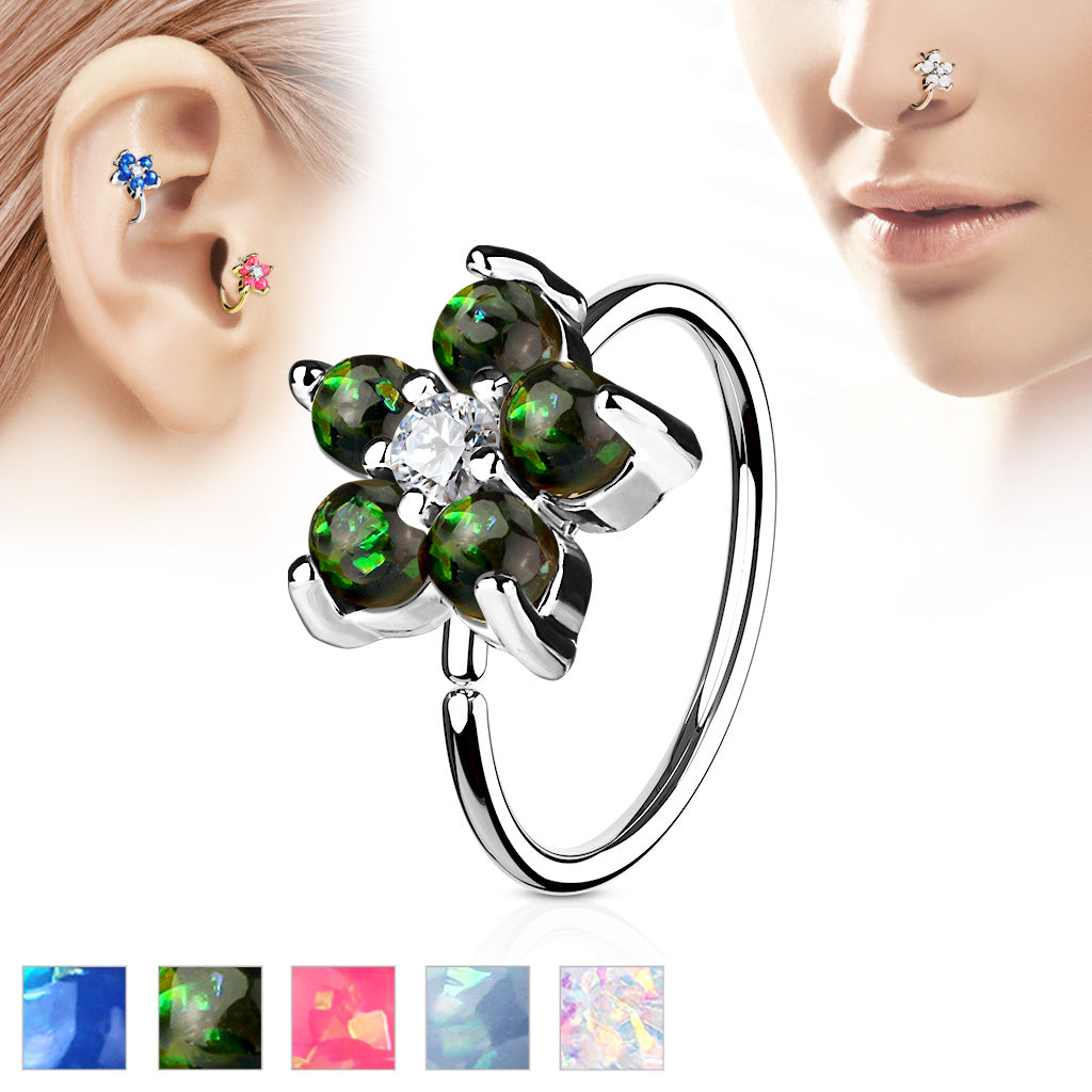 Opal Glitter Set Flower Petals CZ Center 316L Surgical Steel Hoop Ring For Nose And Ear Cartilage