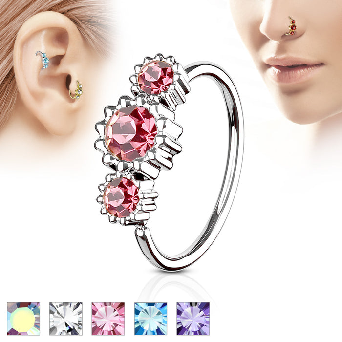 3 Round CZ Set 316L Surgical Steel Hoop Ring For Nose And Ear Cartilage
