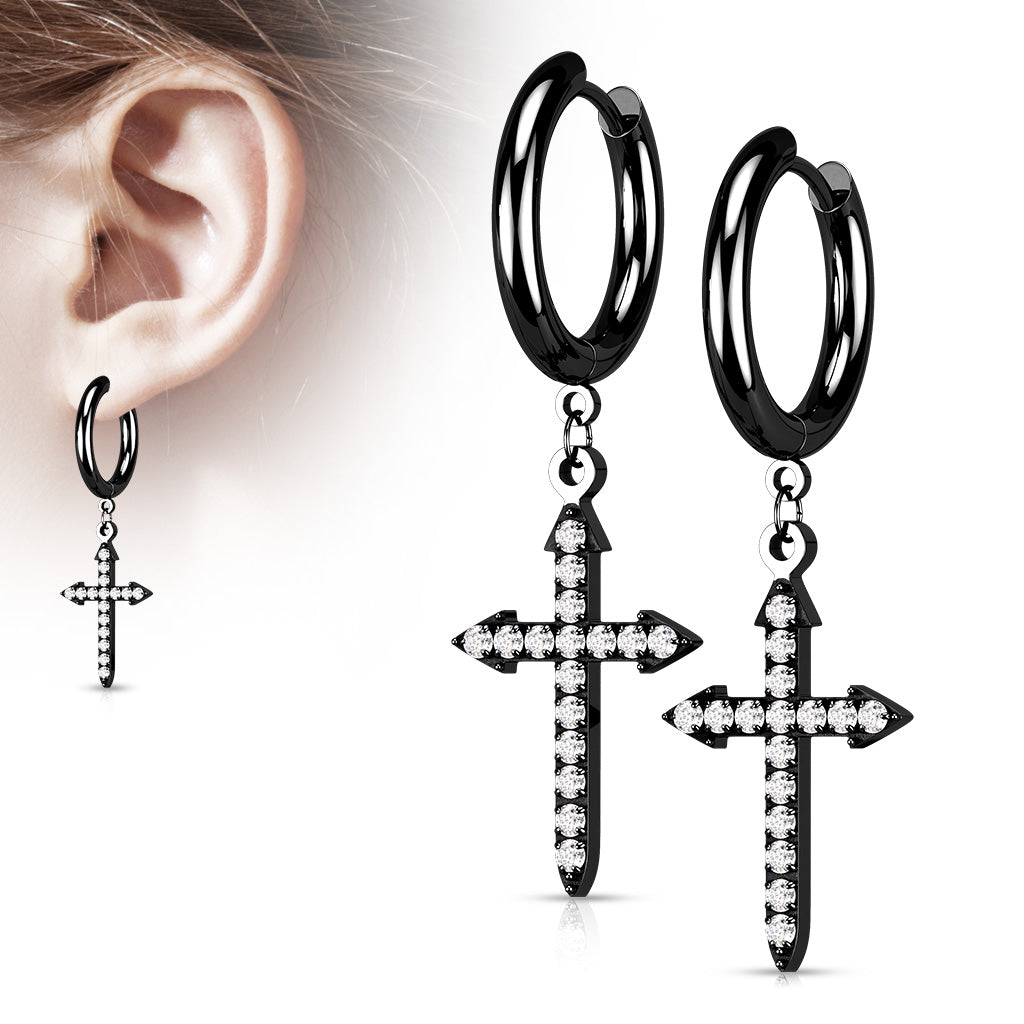 Pair Of 316L Surgical Steel Hoop Earrings With CZ Paved Celtic Cross Dangle