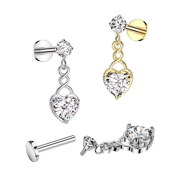 316L Surgical Steel Internally Threaded Round Prong Set CZ Top With CZ Heart Dangle Labret Flat Back Stud