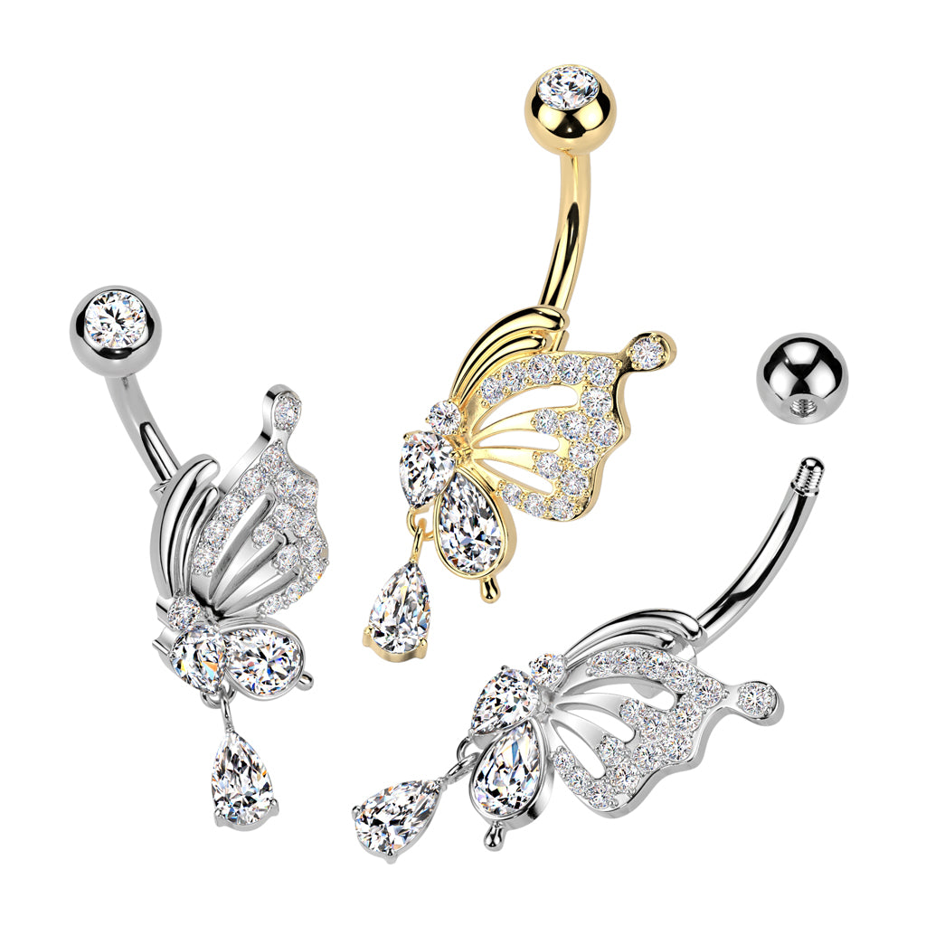 316L Surgical Steel Pave CZ Butterfly Wing With Teardrop CZ Dangle Belly Button Navel Ring product photograph