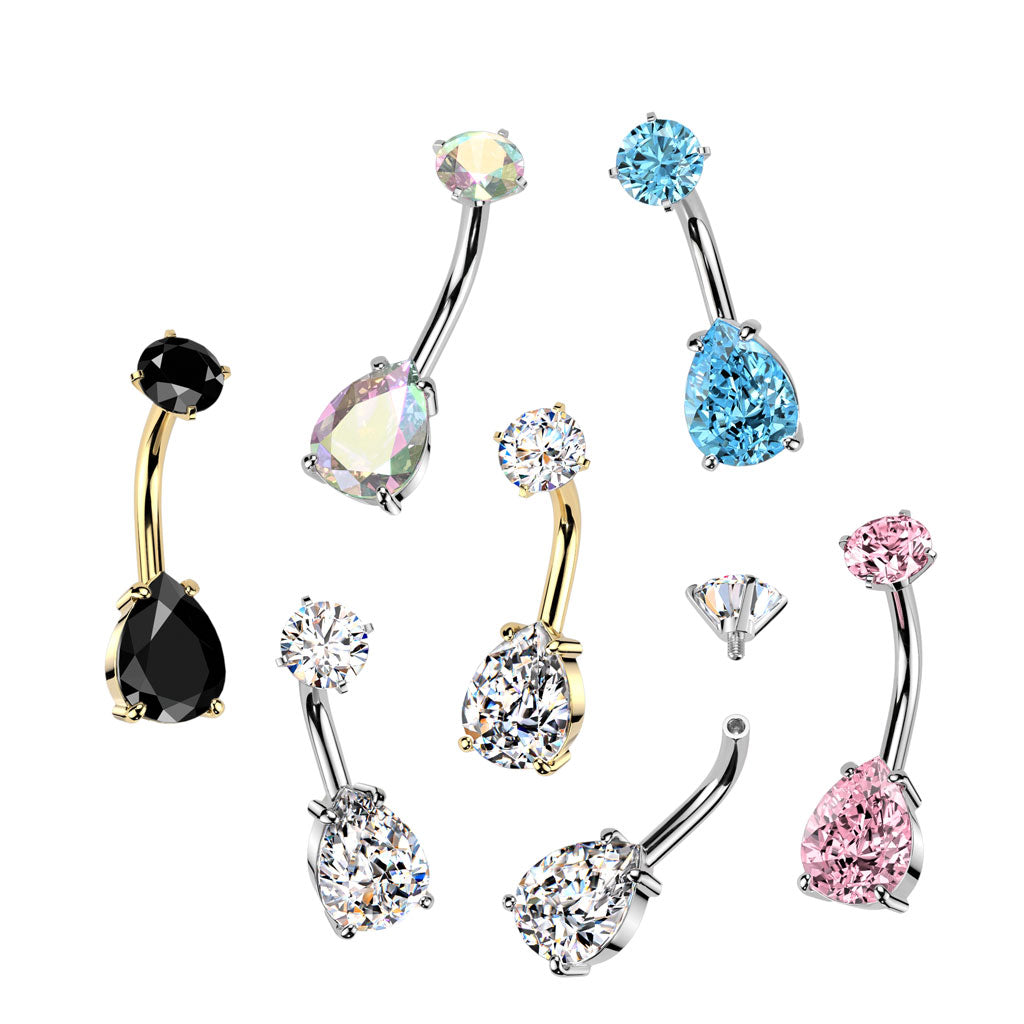 316L Surgical Steel Internally Threaded Prong Set Teardrop CZ Belly Button Ring With Round CZ Prong Set Top product photograph