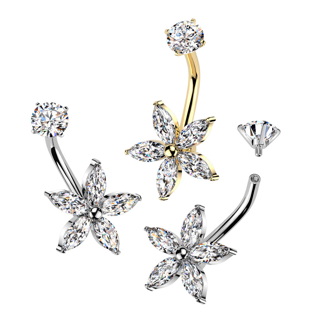 316L Surgical Steel Internally Threaded Marquise CZ Flower Belly Button Ring With Round CZ Prong Set Top product photograph