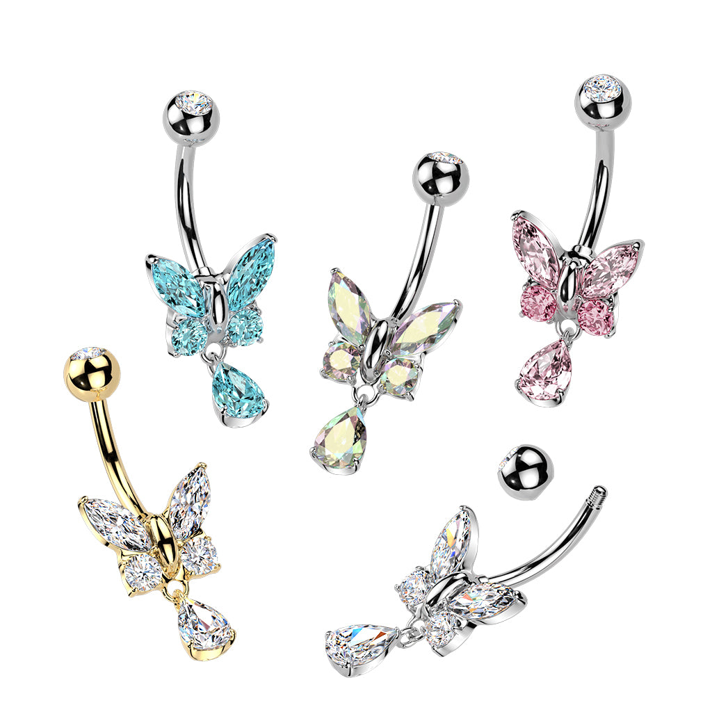 316L Surgical Steel CZ Butterfly With Teardrop CZ Dangle Belly Button Ring product photograph