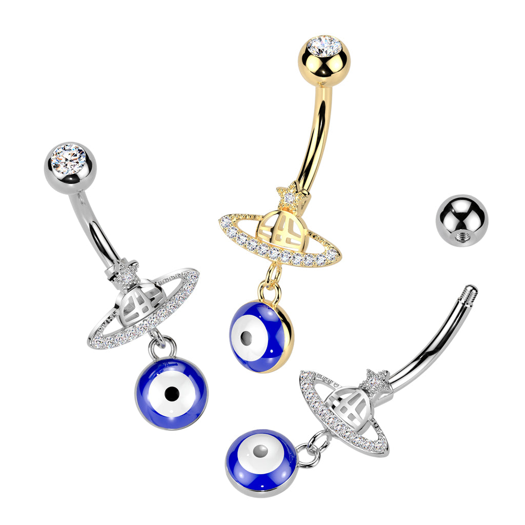 316L Surgical Steel Planet With Pave CZ Ring Belly Button Ring With Lucky Eye Dangle product photograph