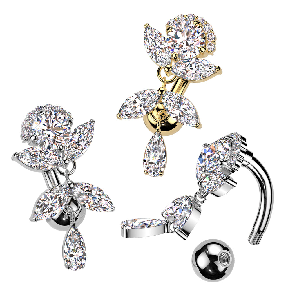 Implant Grade Titanium Brass Top Down Arch CZ Top With Marquise CZ Vine Dangle Belly Button Ring product photograph