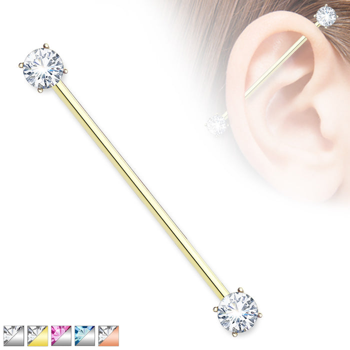 Round CZ Prong Set Ends 316L Surgical Steel Industrial Barbells