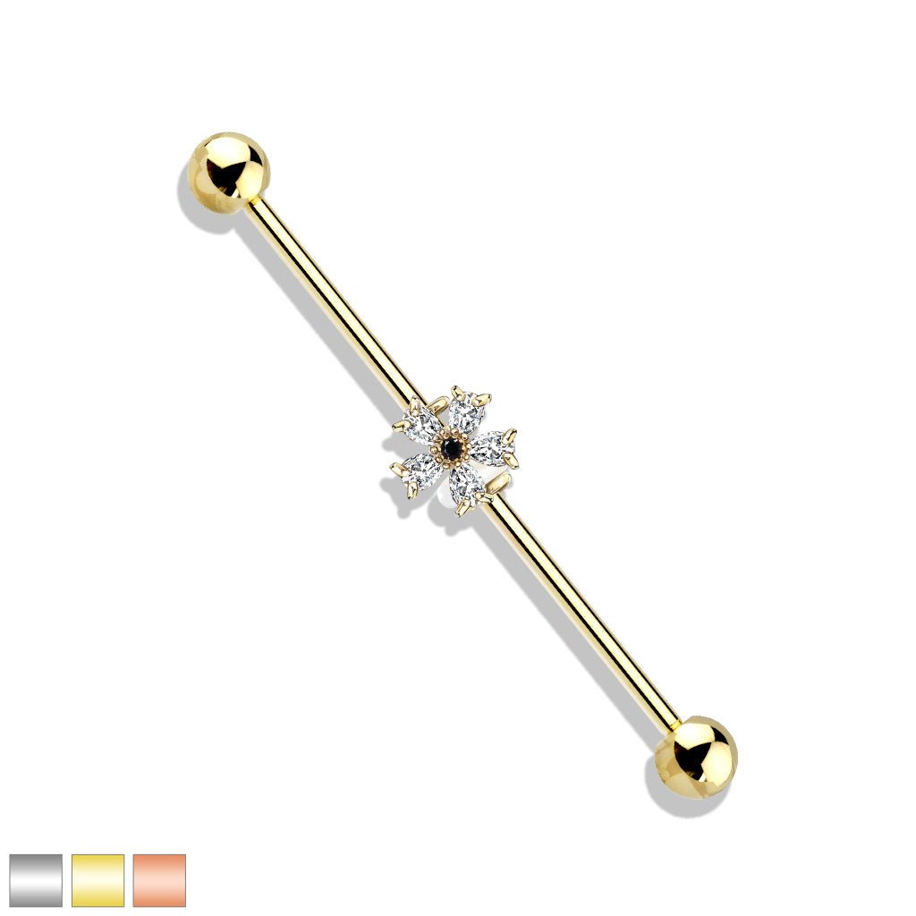 Black CZ Centered Five Pear CZ Flower 316L Surgical Steel Industrial Barbells