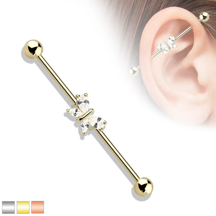 Tear Drop And Marquise CZ Butterfly 316L Surgical Steel Industrial Barbell