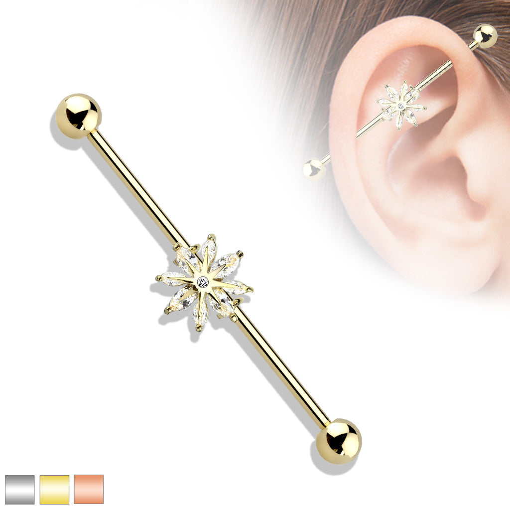 Marquise CZ Snowflake 316L Surgical Steel Industrial Barbell