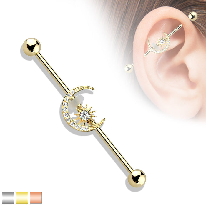 CZ Paved Moon With CZ Center Star 316L Surgical Steel Industrial Barbell