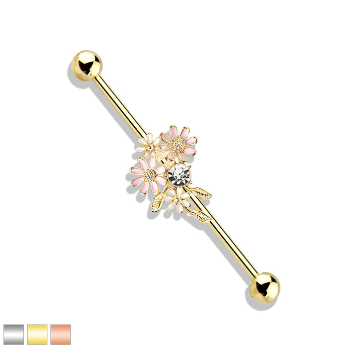 CZ And Enamel Flower Bouquet 316L Surgical Steel Industrial Barbells