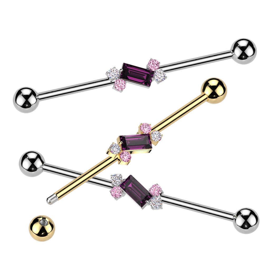 316L Surgical Steel Double Round CZ With Baguette CZ Center Industrial Barbell