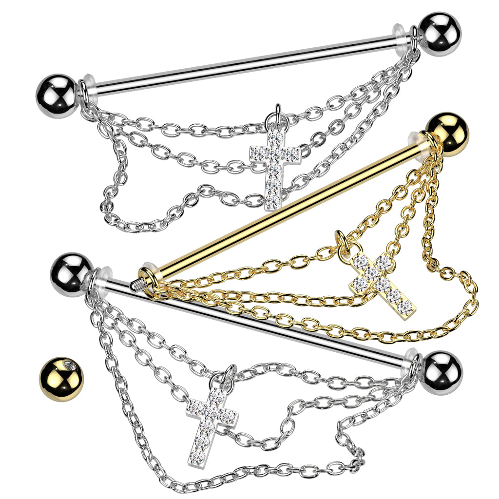 316L Surgical Steel Industrial Barbell With Triple Chain And CZ Pave Cross Dangle