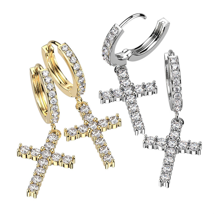 316L Pair Of Pave CZ Hoop Earrings With CZ Cross Dangle