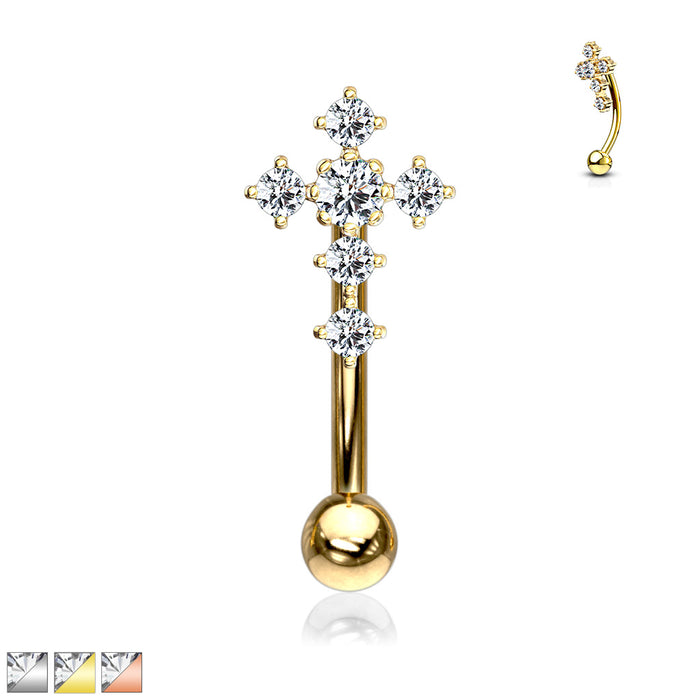 316L Surgical Steel CZ Paved Cross Top Eyebrow Ring