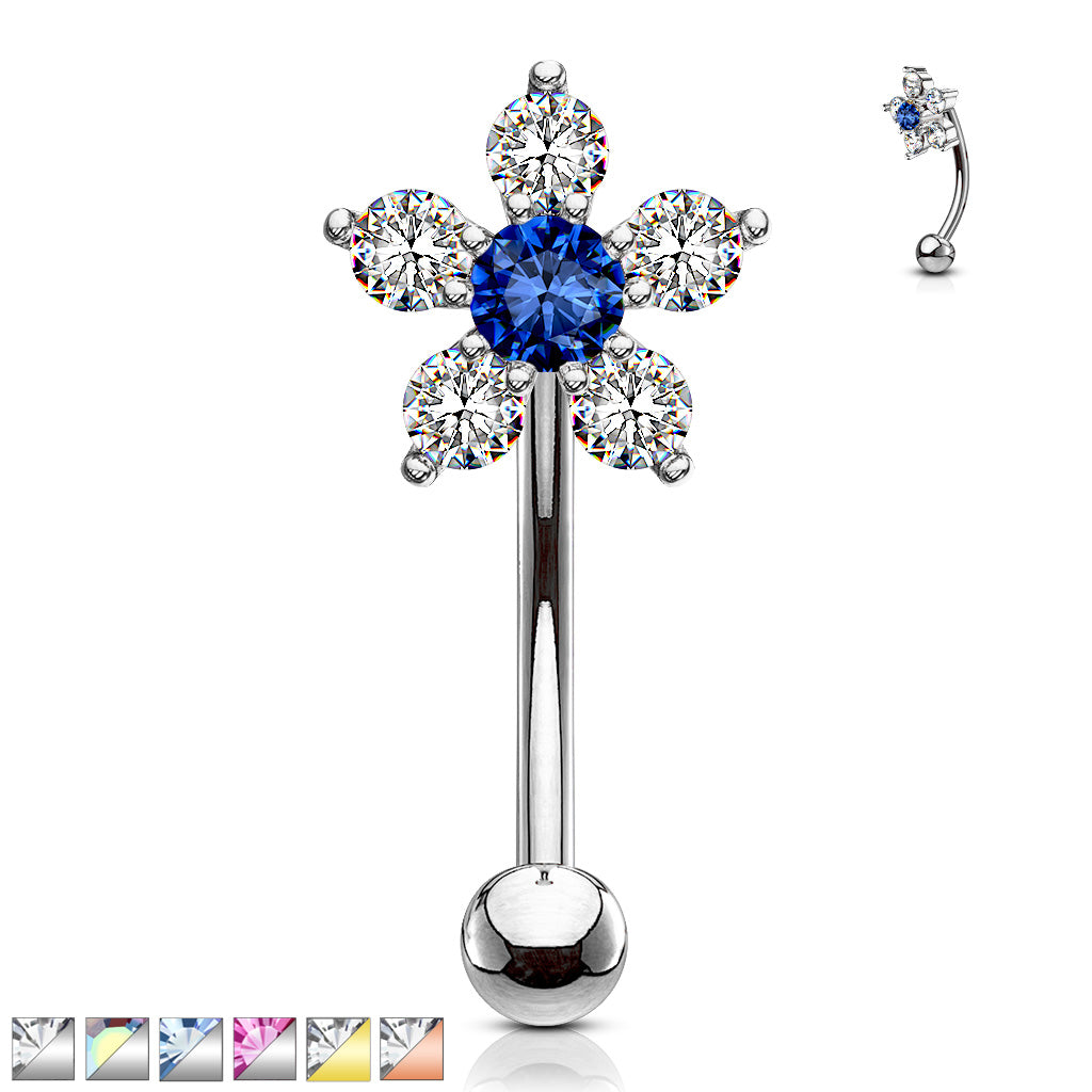 316L Surgical Steel Double Tiered 6 CZ Flower Eyebrow Ring