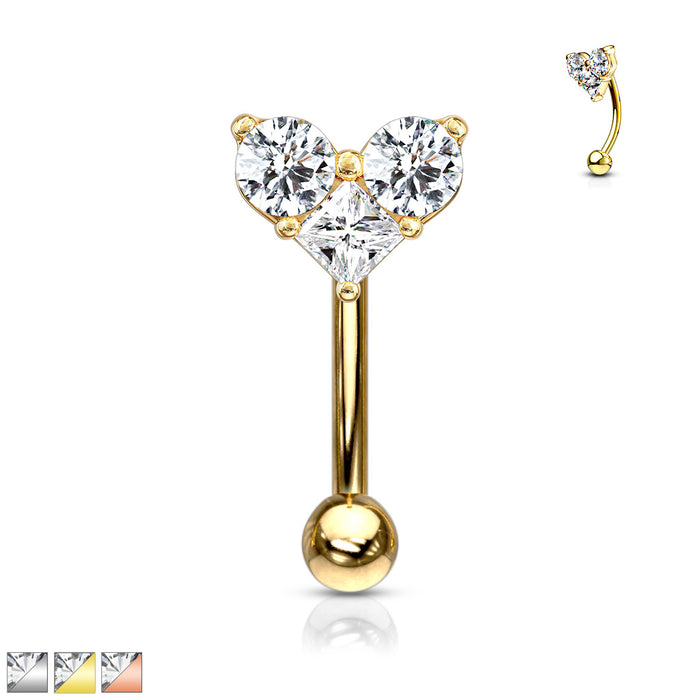 316L Surgical Steel Three Prong Set CZ Heart Eyebrow Ring