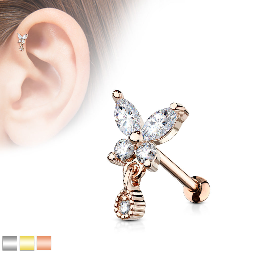 CZ Butterfly With Tear Drop Dangle 316L Surgical Steel Cartilage Tragus Barbell Studs