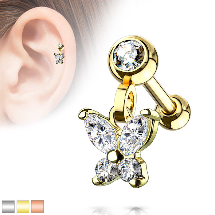CZ Butterfly Dangle Jeweled Set Ball 316L Surgical Steel Ear Cartilage Tragus Barbell Studs