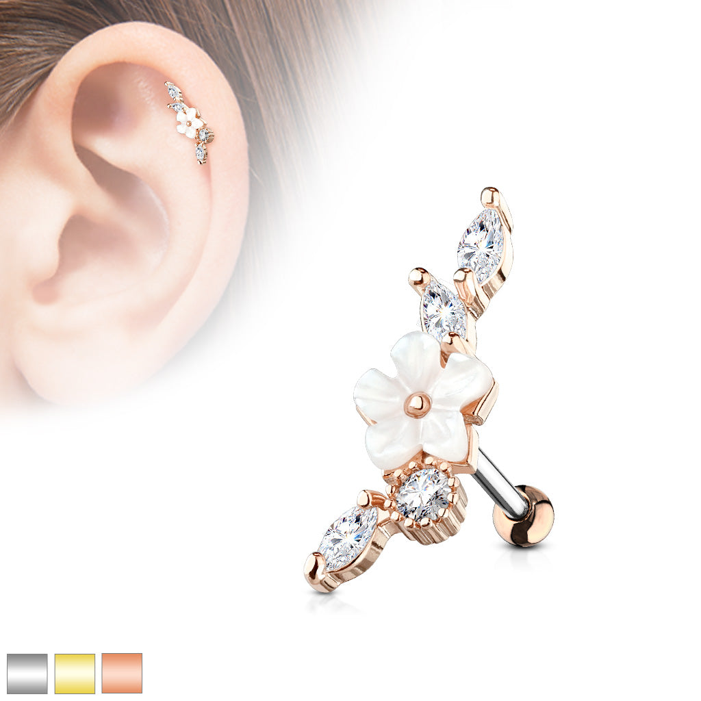 Mother Of Pearl Flower Centered CZ Vine 316L Surgical Steel Cartilage Tragus Barbell Studs