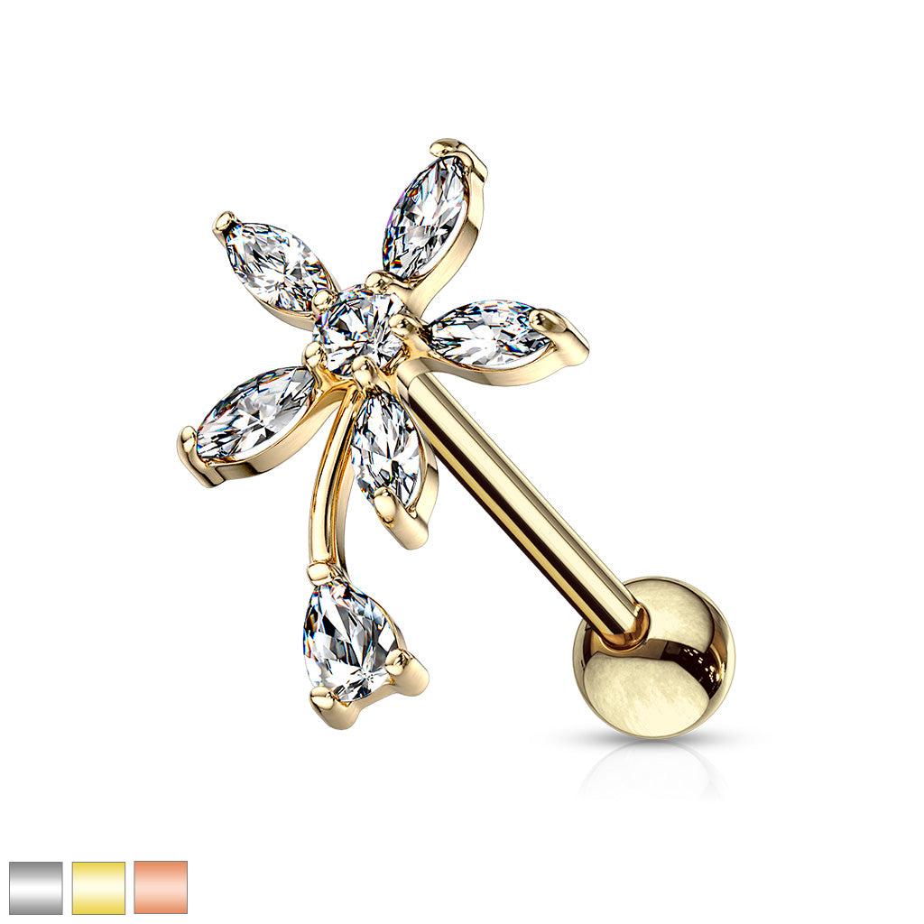 Round And Marquise CZ Flower With Pear CZ Stem Top 316L Surgical Steel Cartilage Tragus Barbell Studs
