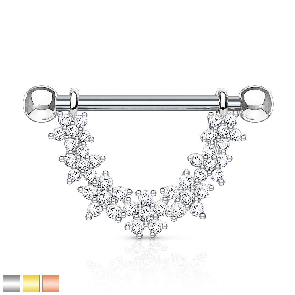 Cz Paved Linked Flowers Dangle 316L Surgical Steel Nipple Rings