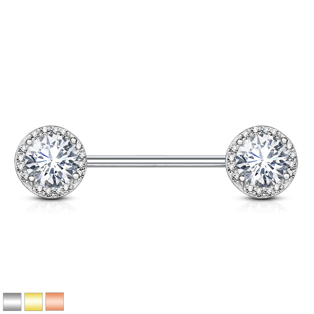 Round Cz Center With Cz Paved Around Ends 316L Surgical Steel Nipple Barbell Rings