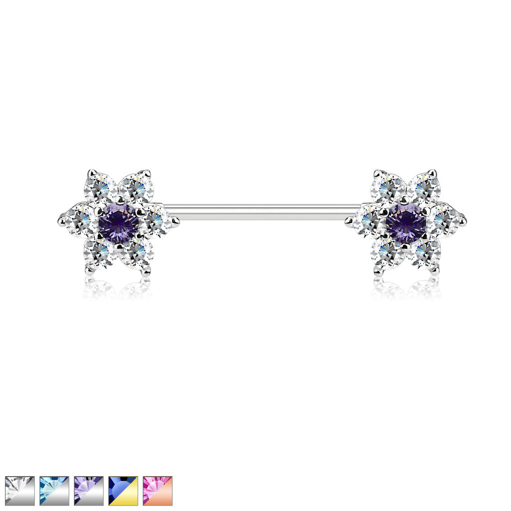 Cz Flowers On Both Ends 316L Surgical Steel Barbell Nipple Rings