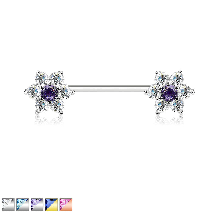 Cz Flowers On Both Ends 316L Surgical Steel Barbell Nipple Rings