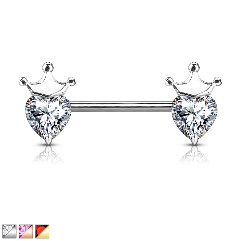 Heart Cz With Crown 316L Surgical Steel Barbell Nipple Rings