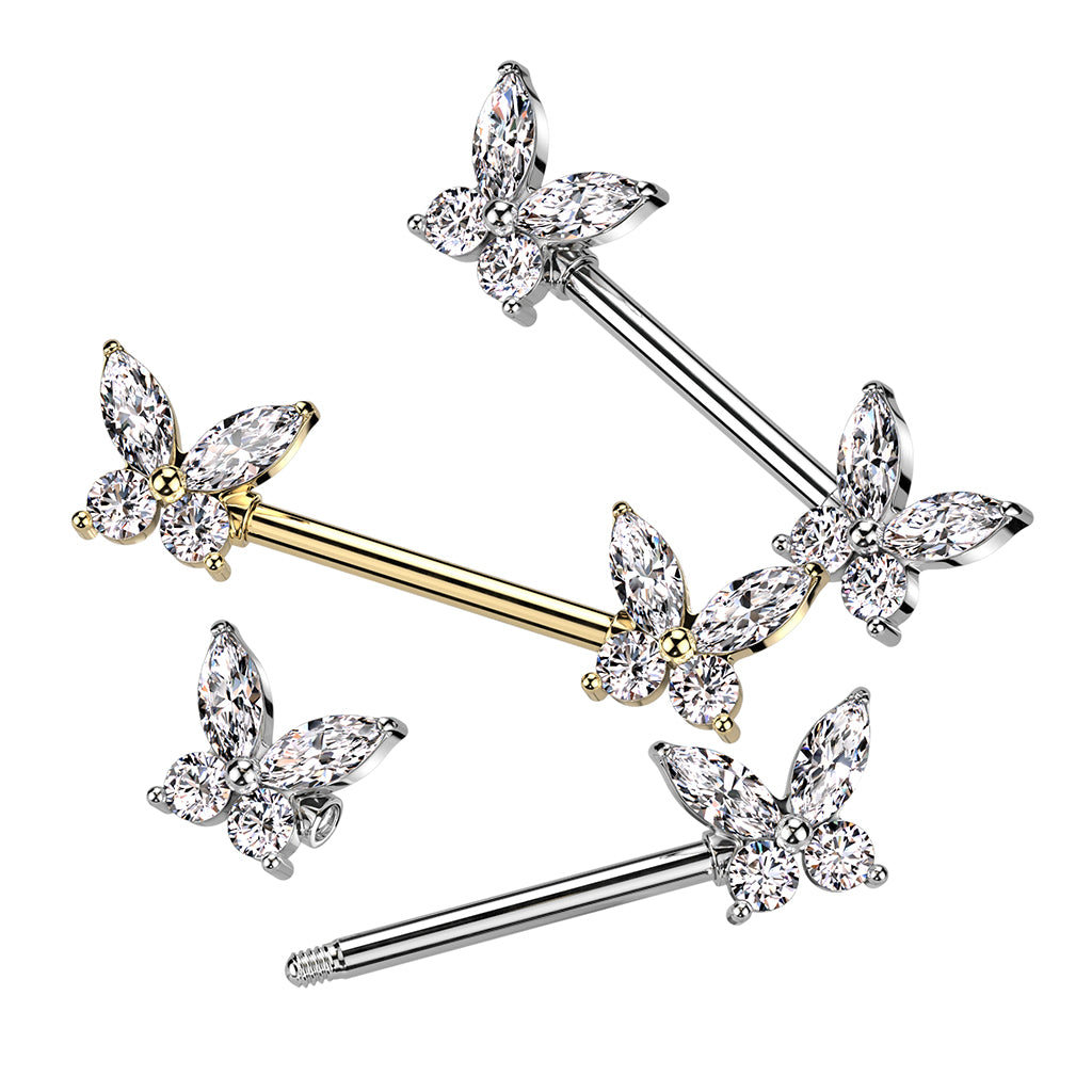 316L Surgical Steel Nipple Barbell With Cz Butterfly Ends