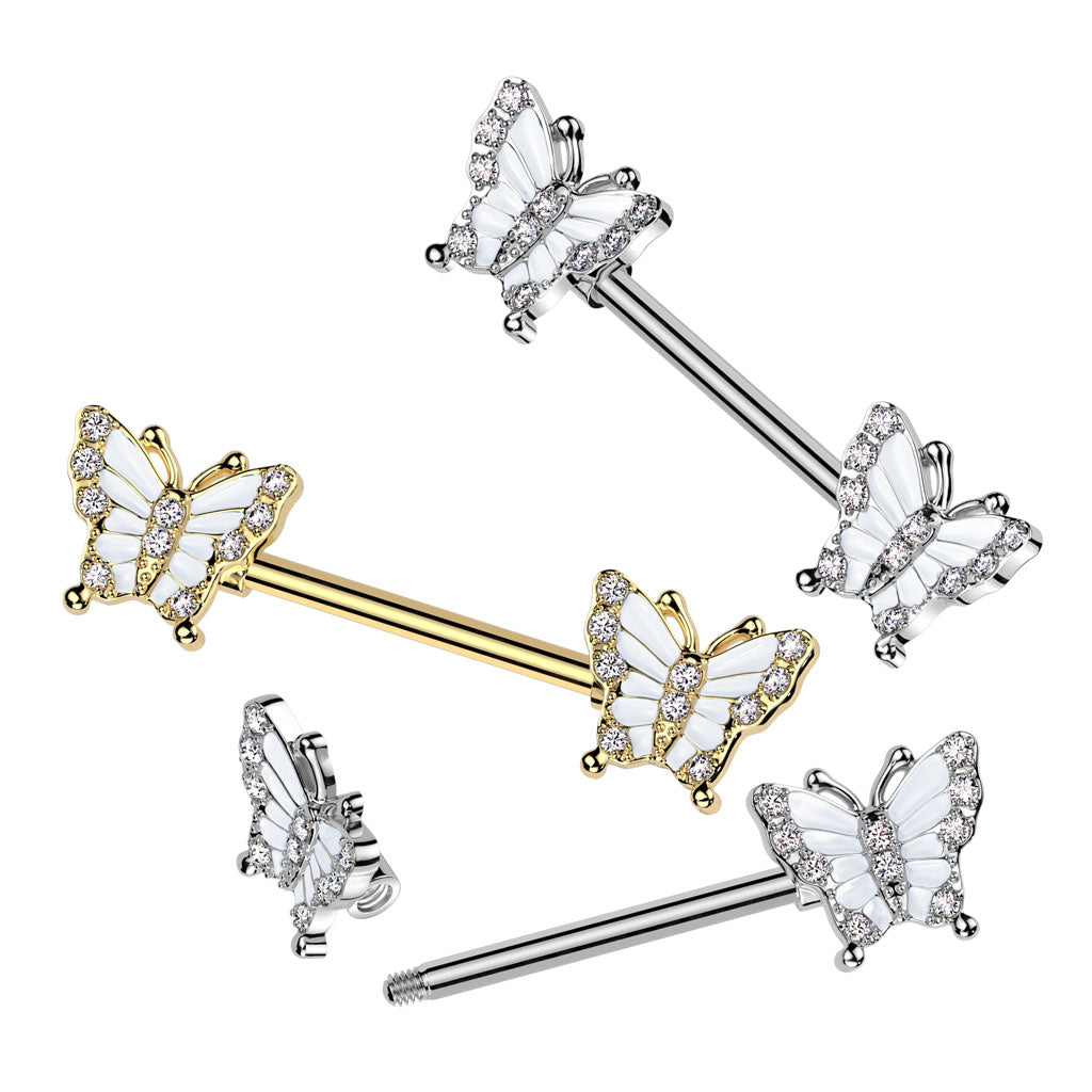 316L Surgical Steel Nipple Barbell With Pave Cz Butterfly Ends