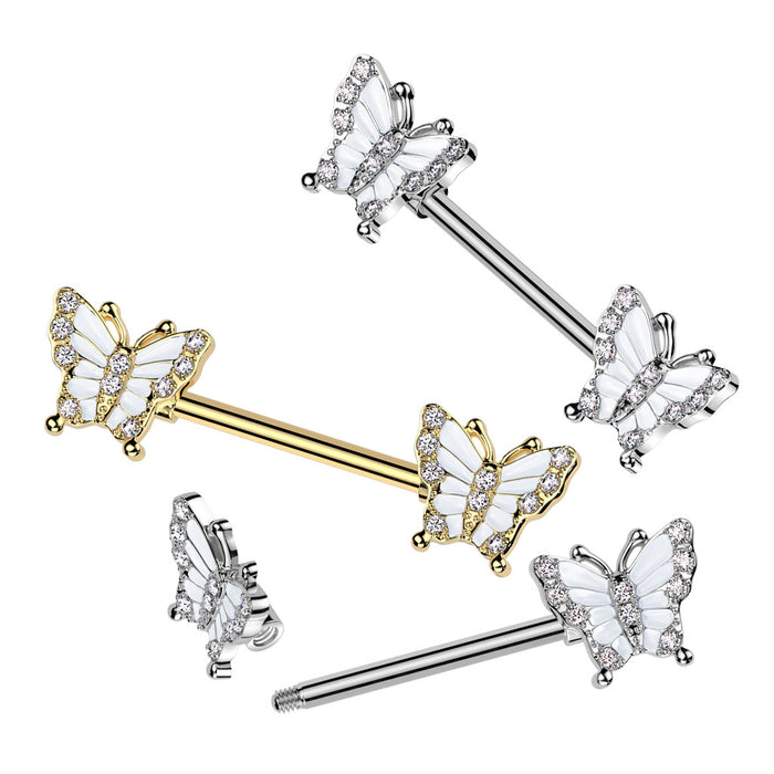 316L Surgical Steel Nipple Barbell With Pave Cz Butterfly Ends