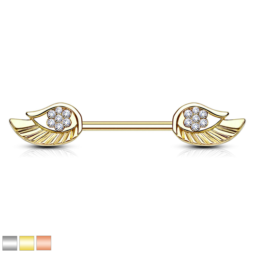 Angel Wings With Paved Cz 316L Surgical Steel Nipple Bar