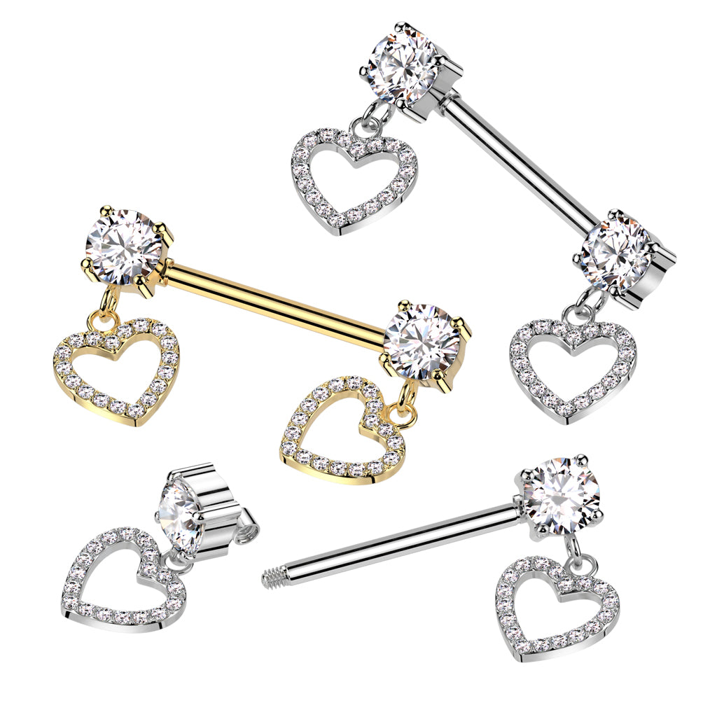 316L Surgical Steel Nipple Barbell With Round Prong Set Cz Ends And Cz Pave Hollow Heart Dangles