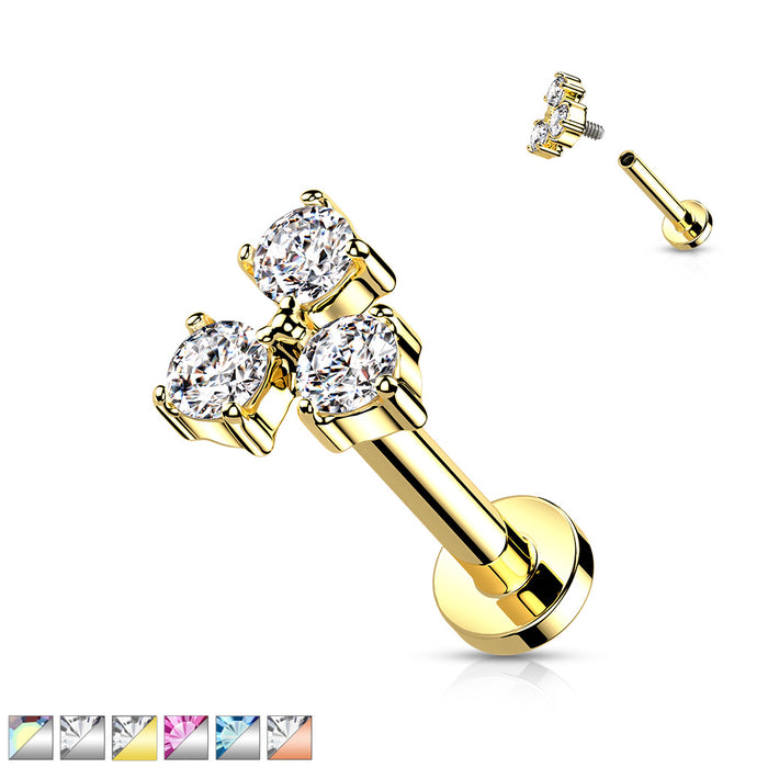 Triangle Cz Set Internally Threaded 316L Surgical Steel Flat Back Studs For Labret, Monroe, Cartilage And More