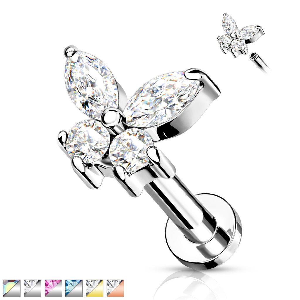 Cz Butterfly Top On Internally Threaded 316L Surgical Steel Flat Back Studs For Labret, Monroe, Cartilage And More