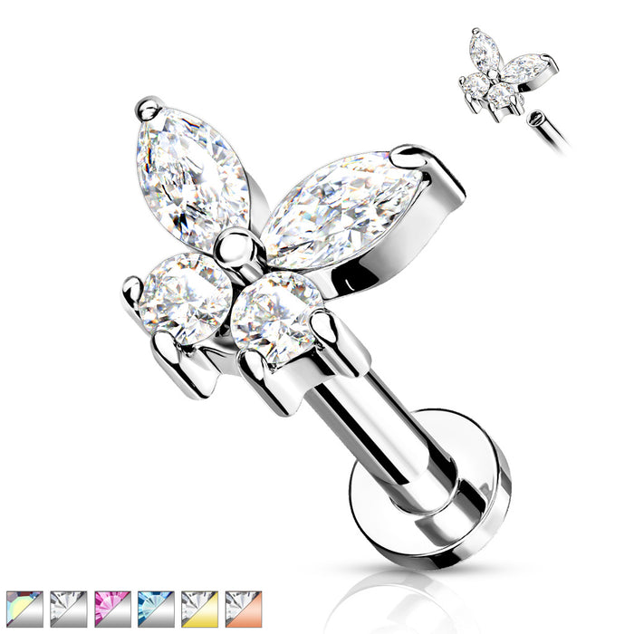 Cz Butterfly Top On Internally Threaded 316L Surgical Steel Flat Back Studs For Labret, Monroe, Cartilage And More