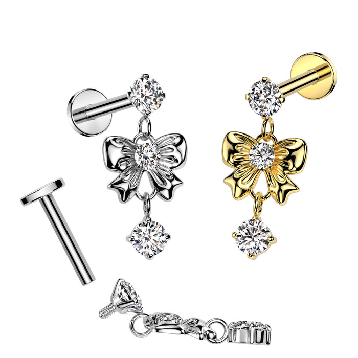 316L Surgical Steel Internally Threaded Round Prong Set Cz Top With Cz Center Ribbon Dangle Labret, Flat Back Stud