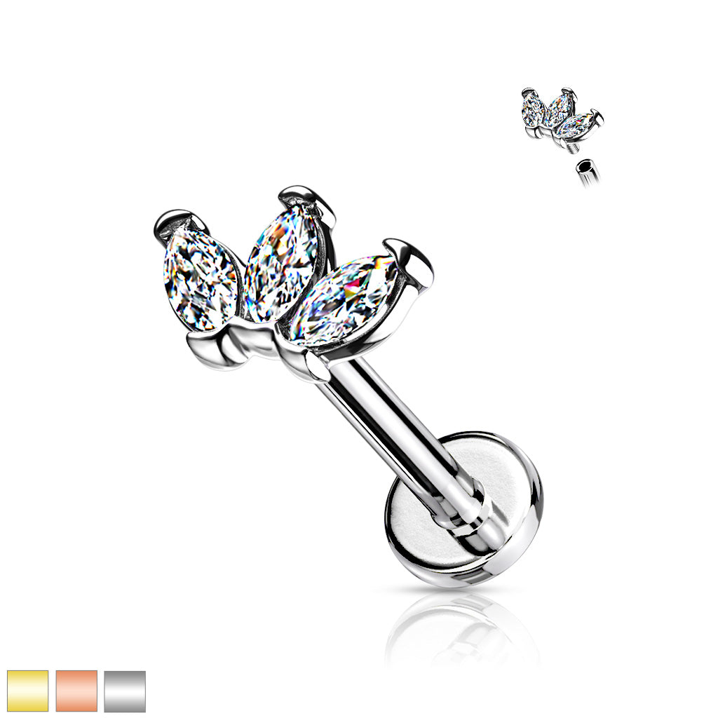 316L Internally Threaded Flat Back Labret With Triple Marquise Cz Top