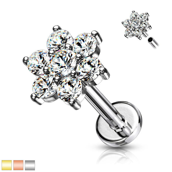 316L Internally Threaded Flat Back Labret With Pave Round Cz Flower Top
