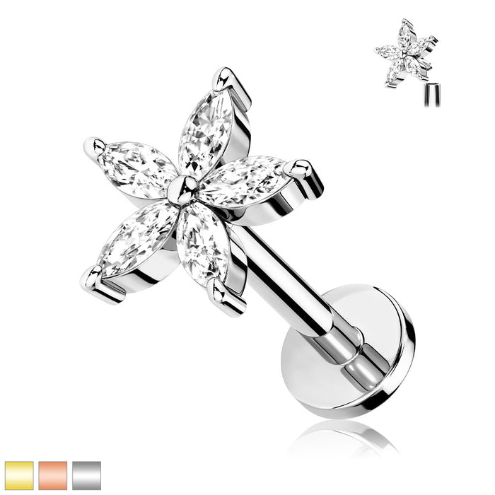 316L Internally Threaded Flat Back Labret With 5 Marquise Cz Flower Top